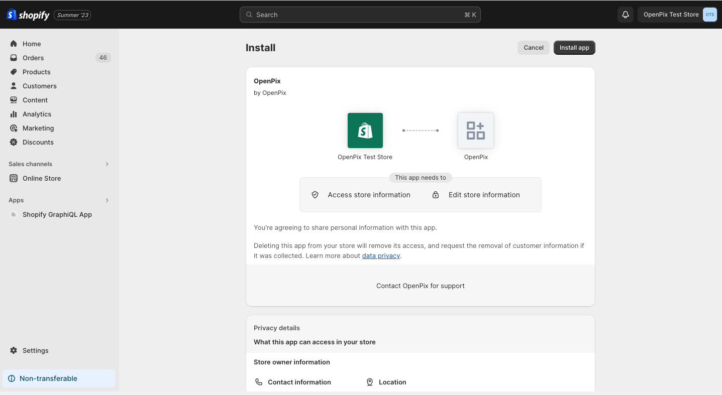 OpenPix App installation screen on Shopify